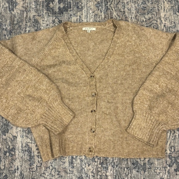 Z Supply Balloon Sleeve Tan Cropped Wool Cardigan - Picture 1 of 7